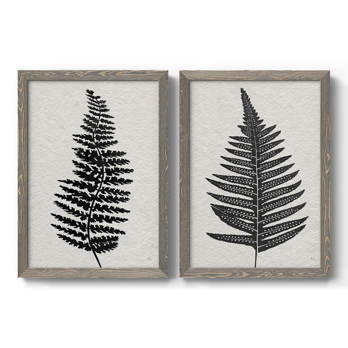 Set of two gray barnwood framed canvas prints featuring two minimalist botanical prints featuring black fern leaf silhouettes.