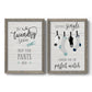 Set of two gray barnwood framed canvas prints featuring two rustic typographic wall art featuring humorous laundry-room sayings and clothing icons.