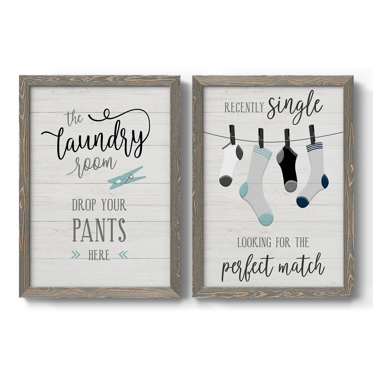 Set of two gray barnwood framed canvas prints featuring two rustic typographic wall art featuring humorous laundry-room sayings and clothing icons.