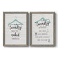 Set of two gray barnwood framed canvas prints featuring two rustic typographic wall art featuring humorous laundry-room sayings and clothing icons.