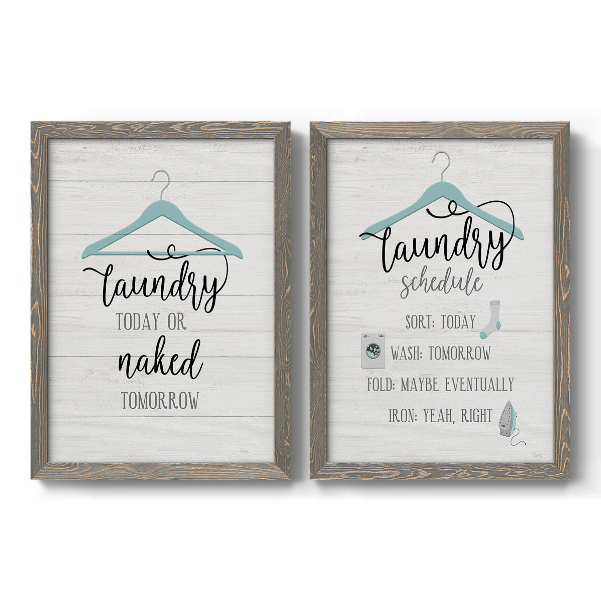 Set of two gray barnwood framed canvas prints featuring two rustic typographic wall art featuring humorous laundry-room sayings and clothing icons.