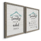 Angled view of a set of two gray barnwood framed canvas prints featuring two rustic typographic wall art featuring humorous laundry-room sayings and clothing icons.