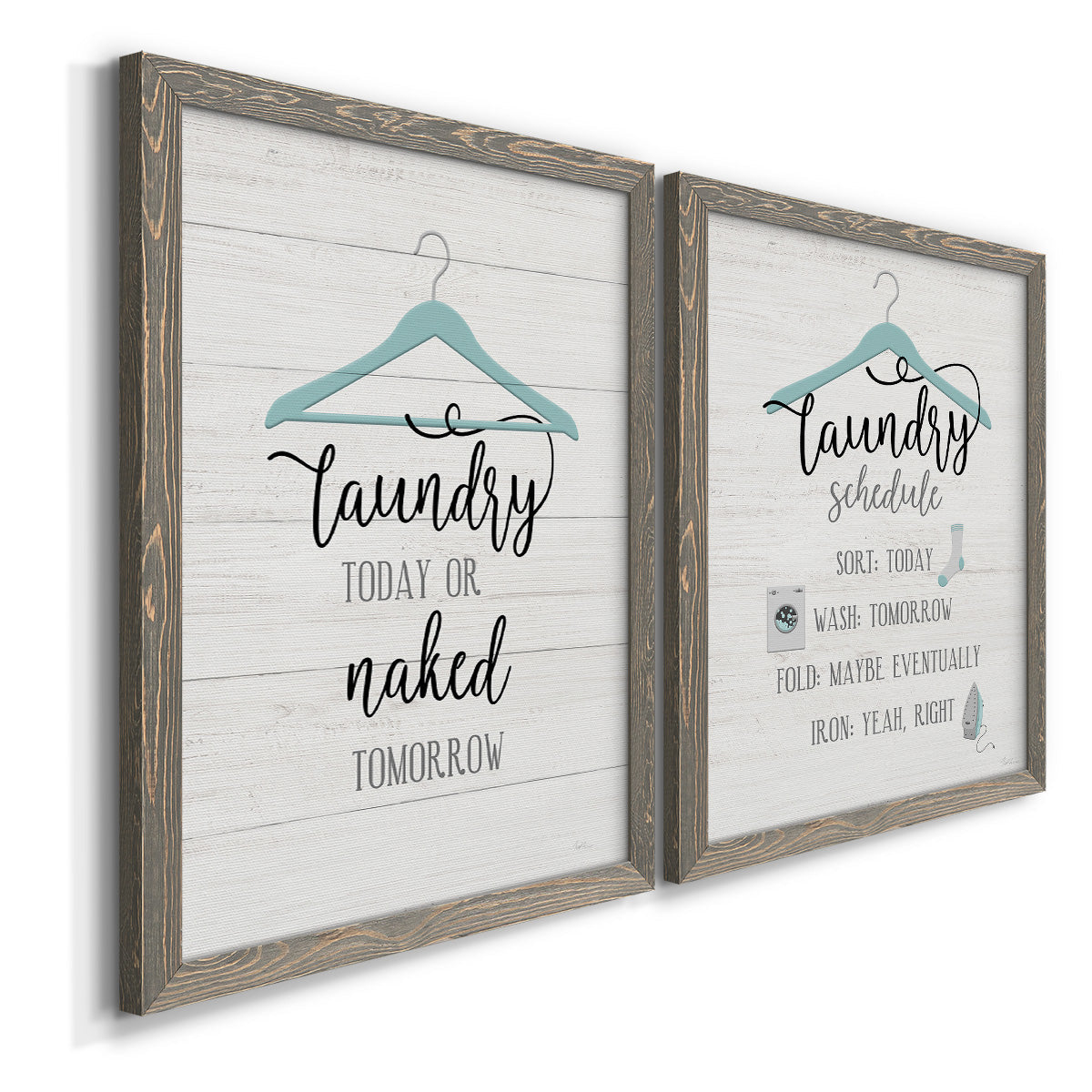 Angled view of a set of two gray barnwood framed canvas prints featuring two rustic typographic wall art featuring humorous laundry-room sayings and clothing icons.