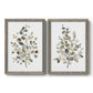 Set of two gray barnwood framed canvas prints featuring two minimalist watercolor botanical studies featuring delicate eucalyptus branches with rounded leaves.