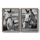 Set of two gray barnwood framed canvas prints featuring two modern equestrian photography featuring black-and-white close-up portraits of horses at fences.