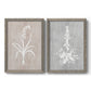 Set of two gray barnwood framed canvas prints featuring two rustic minimalist botanical prints featuring white botanical silhouettes on softly weathered neutral backgrounds.