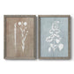Set of two gray barnwood framed canvas prints featuring two rustic minimalist botanical prints featuring white botanical silhouettes on softly weathered neutral backgrounds.
