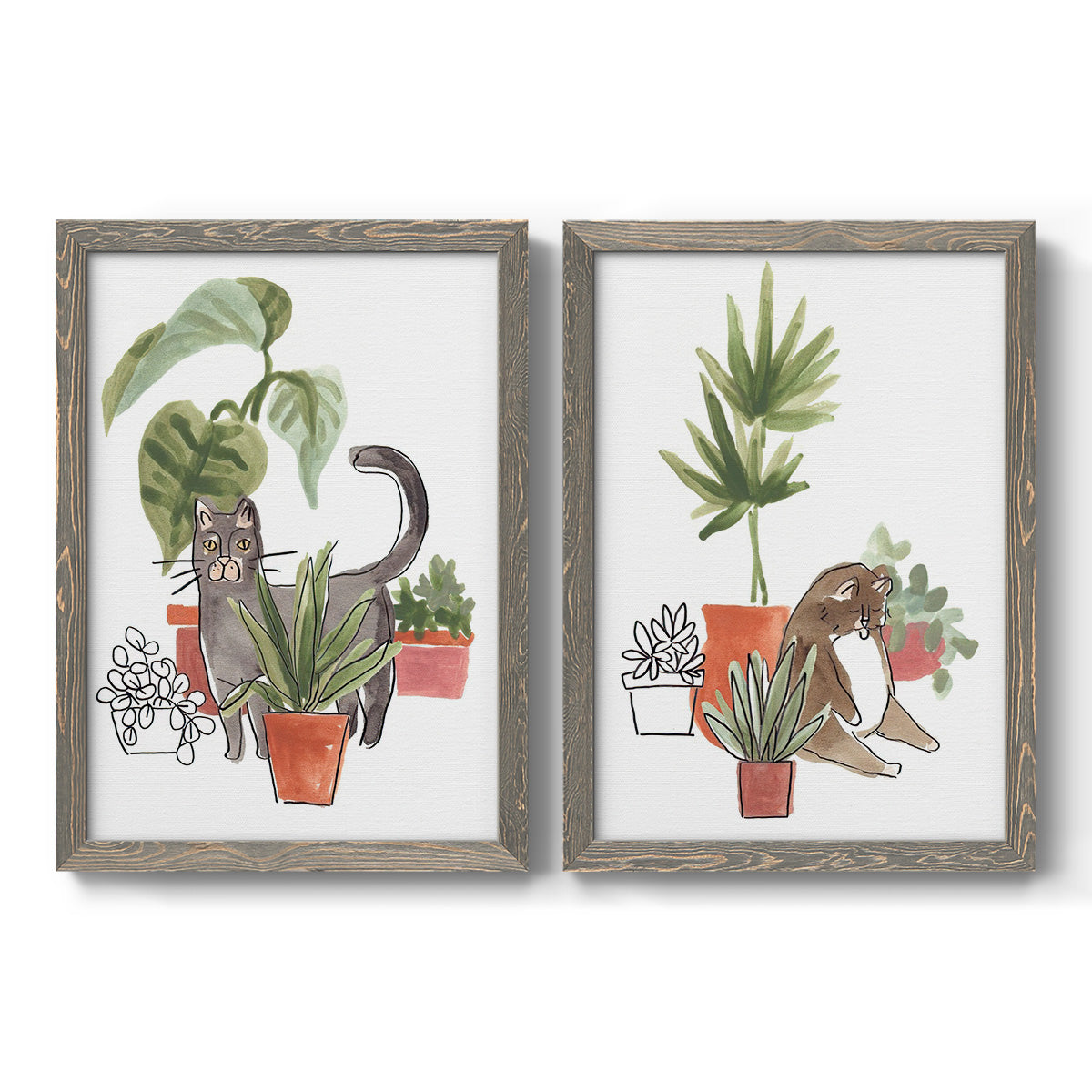 Set of two gray barnwood framed canvas prints featuring two whimsical botanical animal illustrations featuring cats tucked among collections of potted houseplants.