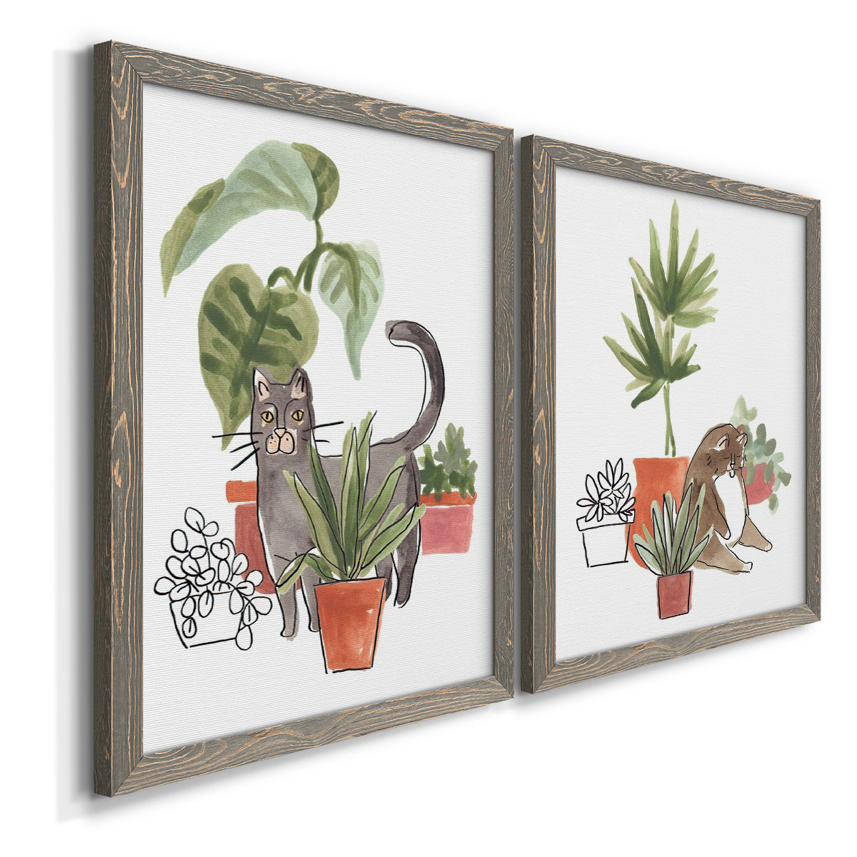 Angled view of a set of two gray barnwood framed canvas prints featuring two whimsical botanical animal illustrations featuring cats tucked among collections of potted houseplants.