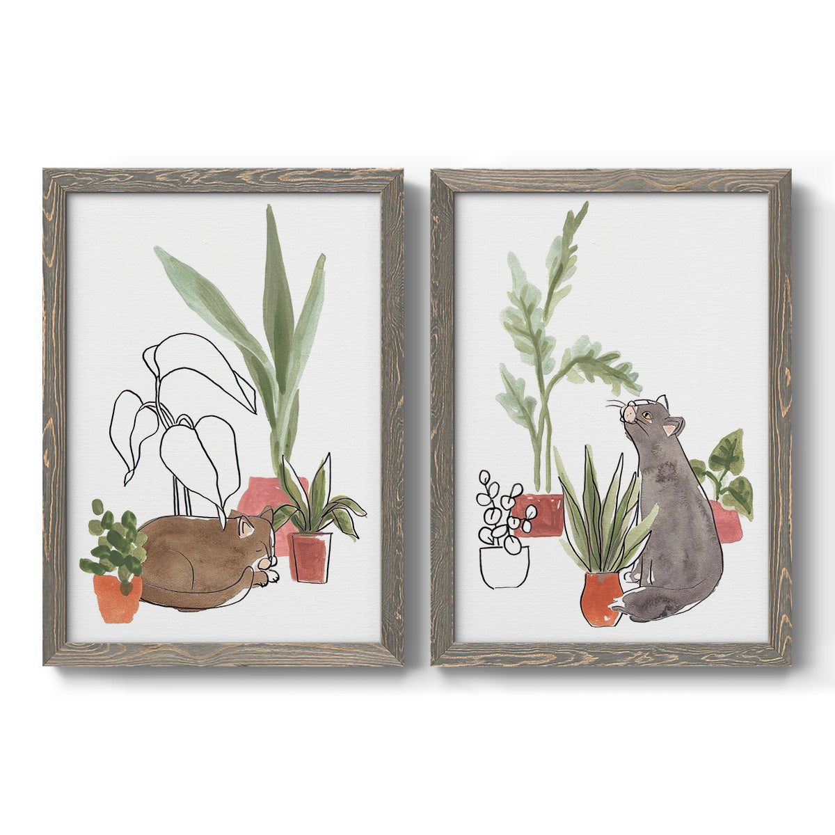 Set of two gray barnwood framed canvas prints featuring two whimsical botanical animal illustrations featuring cats tucked among collections of potted houseplants.