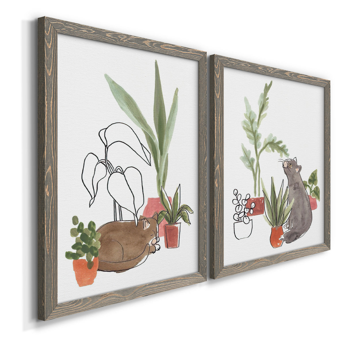 Angled view of a set of two gray barnwood framed canvas prints featuring two whimsical botanical animal illustrations featuring cats tucked among collections of potted houseplants.