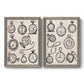 Set of two gray barnwood framed canvas prints featuring two vintage object sketches featuring collections of antique pocket watches and chains.