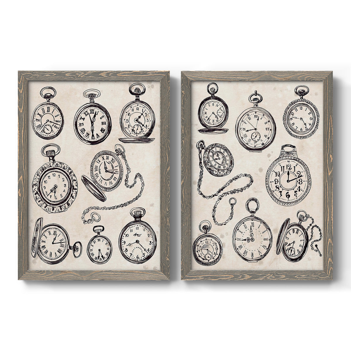 Set of two gray barnwood framed canvas prints featuring two vintage object sketches featuring collections of antique pocket watches and chains.