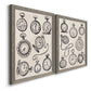 Angled view of a set of two gray barnwood framed canvas prints featuring two vintage object sketches featuring collections of antique pocket watches and chains.