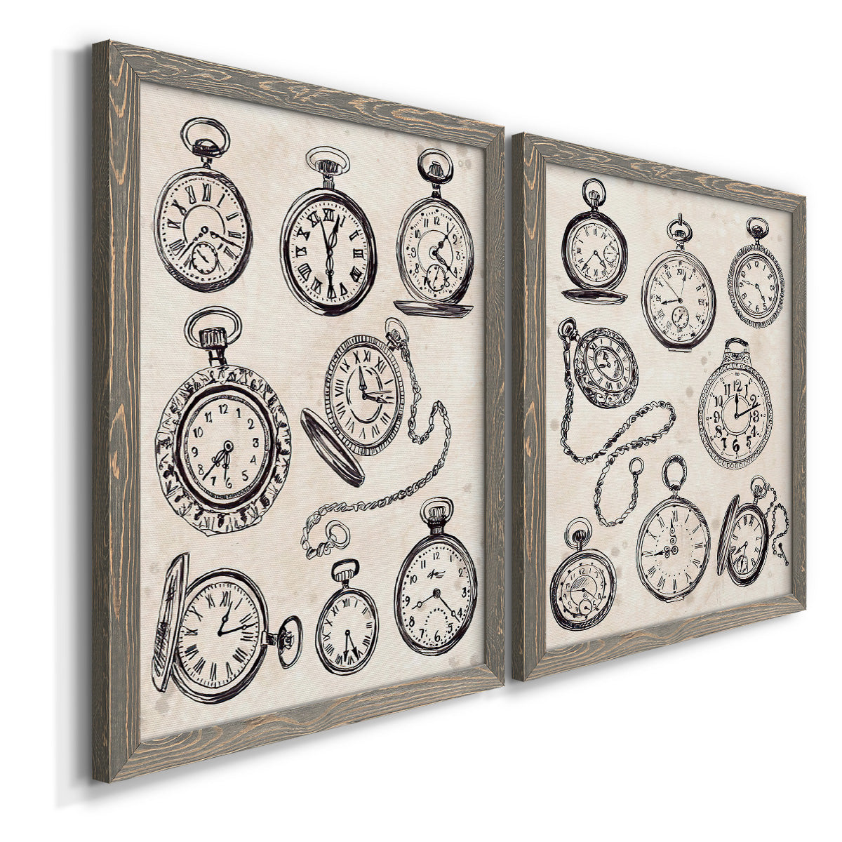Angled view of a set of two gray barnwood framed canvas prints featuring two vintage object sketches featuring collections of antique pocket watches and chains.