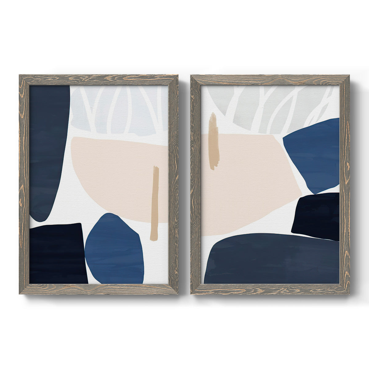 Set of two gray barnwood framed canvas prints featuring two minimalist color-block abstracts featuring large navy cream and beige organic geometric shapes.