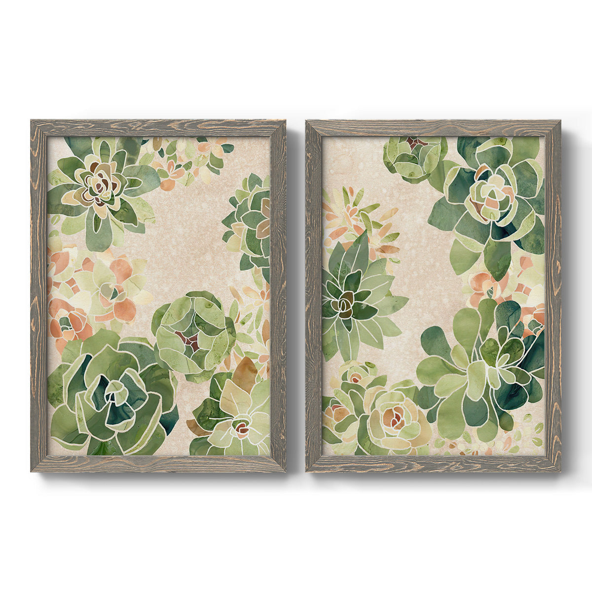 Set of two gray barnwood framed canvas prints featuring two decorative botanical pattern prints featuring dense repeating succulents and small flowers.