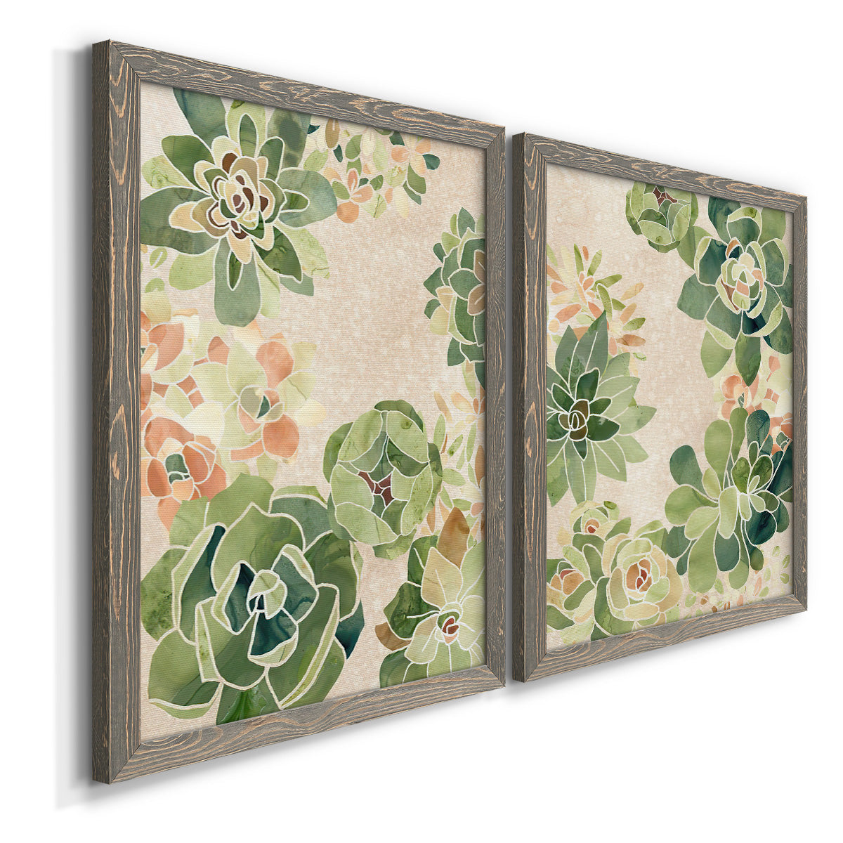 Angled view of a set of two gray barnwood framed canvas prints featuring two decorative botanical pattern prints featuring dense repeating succulents and small flowers.