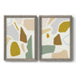 Set of two gray barnwood framed canvas prints featuring two pastel geometric abstracts featuring soft mustard sage gray and white irregular shapes.