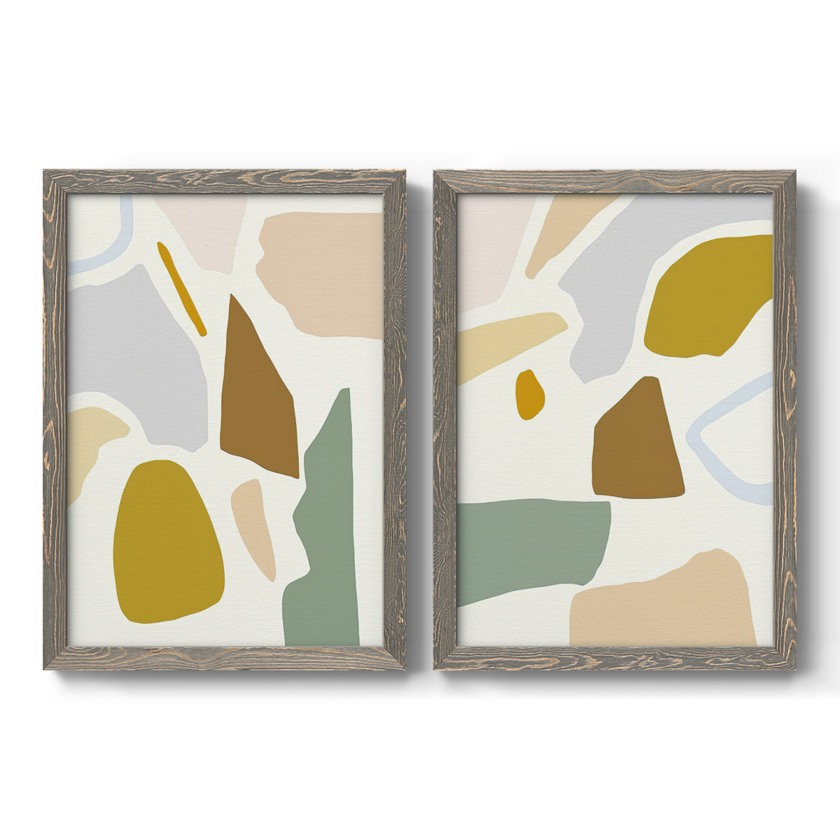 Set of two gray barnwood framed canvas prints featuring two pastel geometric abstracts featuring soft mustard sage gray and white irregular shapes.