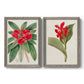 Set of two gray barnwood framed canvas prints featuring two antique botanical plate illustrations featuring vivid tropical flowering plants.