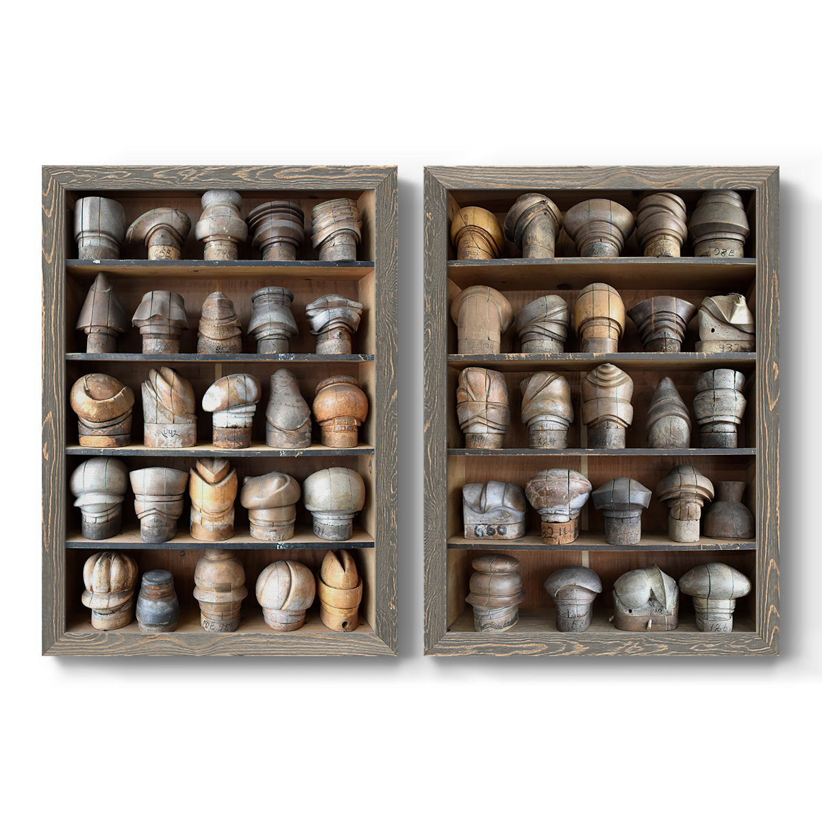 Set of two gray barnwood framed canvas prints featuring two fashion-object photography featuring shelves filled with wooden hat forms.