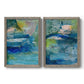 Set of two gray barnwood framed canvas prints featuring two energetic mixed-media abstracts featuring layered blue teal green and yellow painterly fields.