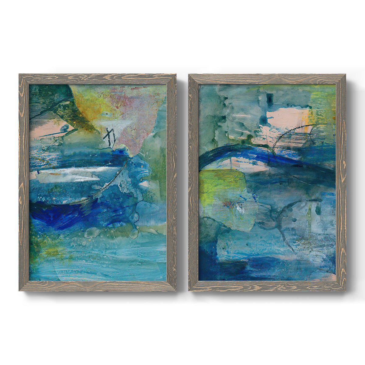 Set of two gray barnwood framed canvas prints featuring two energetic mixed-media abstracts featuring layered blue teal green and yellow painterly fields.