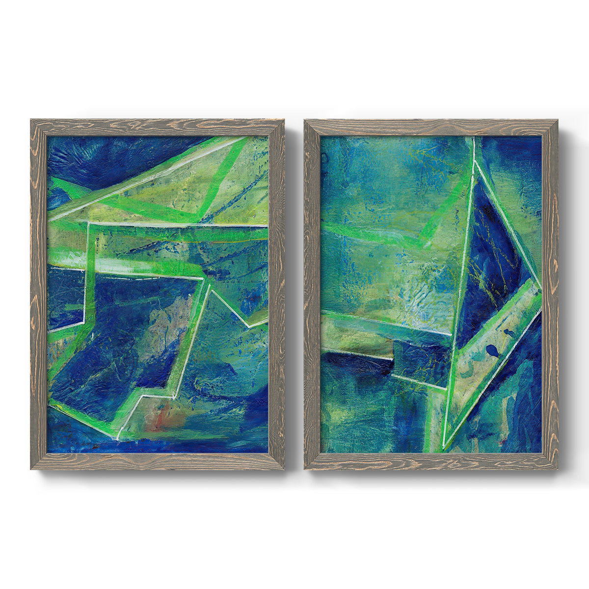 Set of two gray barnwood framed canvas prints featuring two textured geometric abstracts featuring interlocking blue and green angular forms.