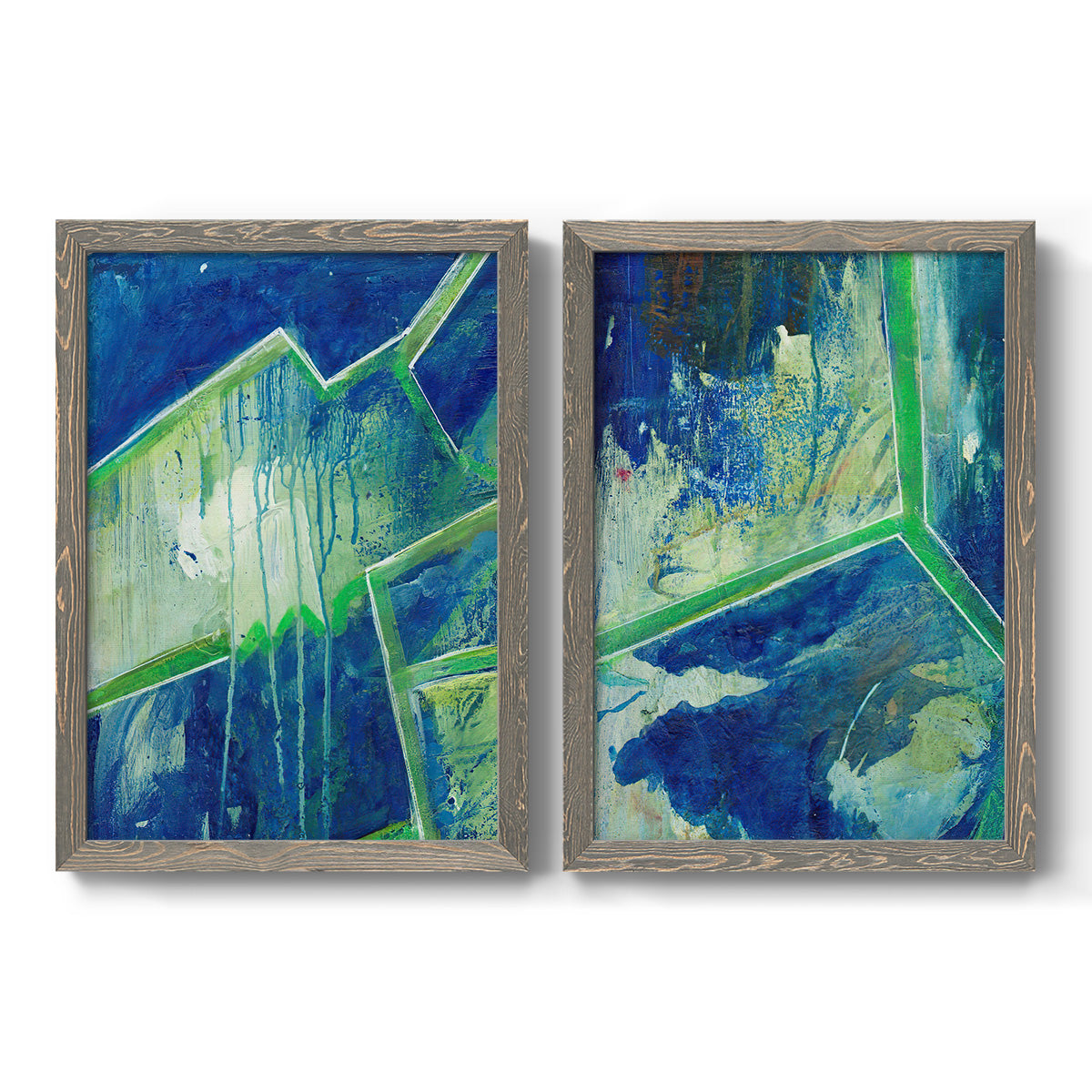 Set of two gray barnwood framed canvas prints featuring two textured geometric abstracts featuring interlocking blue and green angular forms.