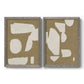 Set of two gray barnwood framed canvas prints featuring two bold minimalist shape abstracts featuring irregular white cutout-like shapes on taupe grounds.