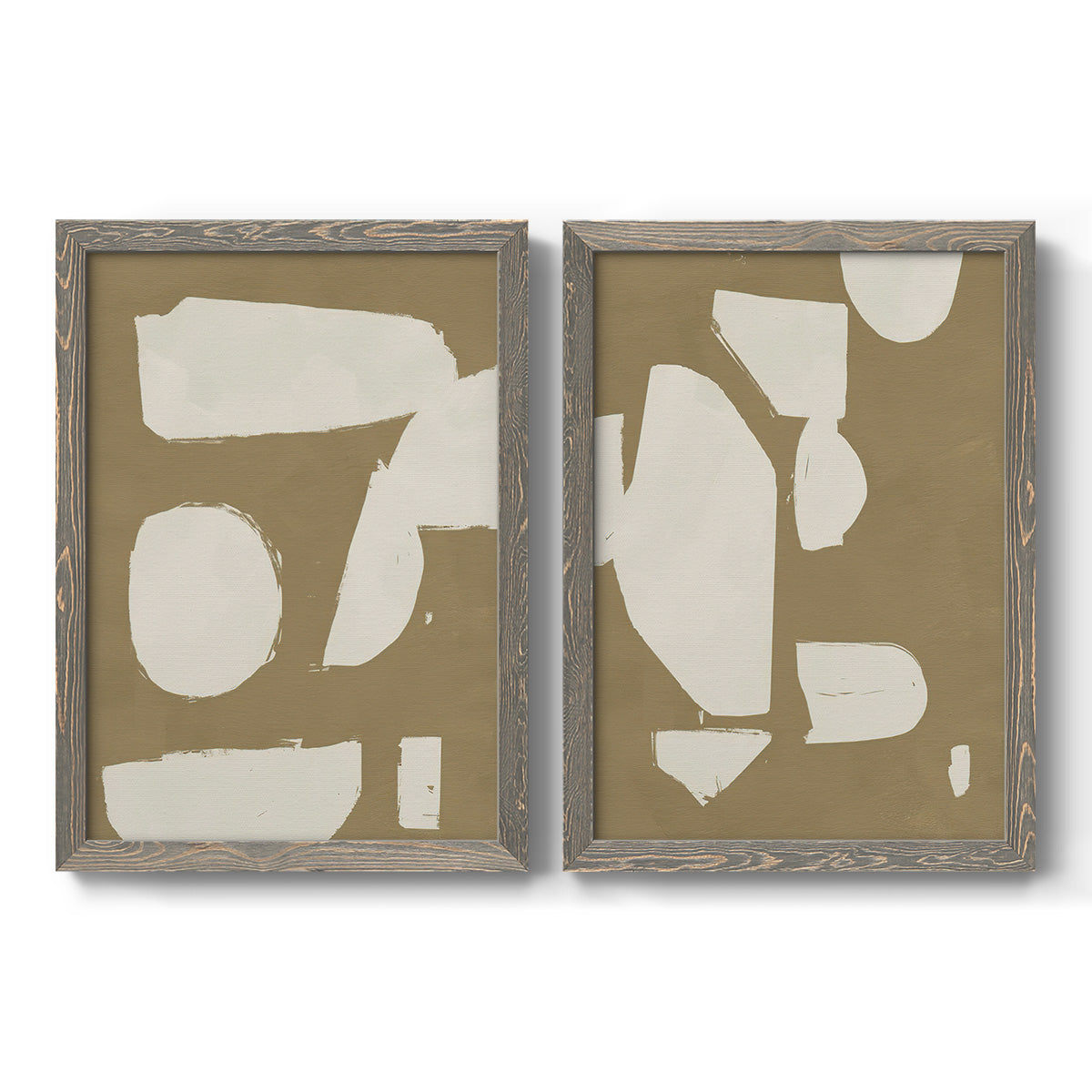 Set of two gray barnwood framed canvas prints featuring two bold minimalist shape abstracts featuring irregular white cutout-like shapes on taupe grounds.