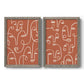 Set of two gray barnwood framed canvas prints featuring two graphic portrait patterns featuring many continuous-line faces across terracotta grounds.
