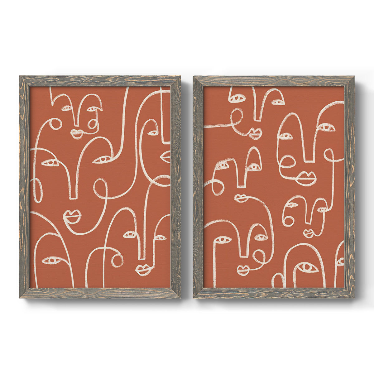 Set of two gray barnwood framed canvas prints featuring two graphic portrait patterns featuring many continuous-line faces across terracotta grounds.