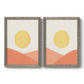 Set of two gray barnwood framed canvas prints featuring two minimalist boho landscapes featuring yellow suns rising over terracotta geometric hills.