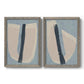 Set of two gray barnwood framed canvas prints featuring two minimalist collage-style abstracts featuring single navy brush slashes across layered paper-like shapes.