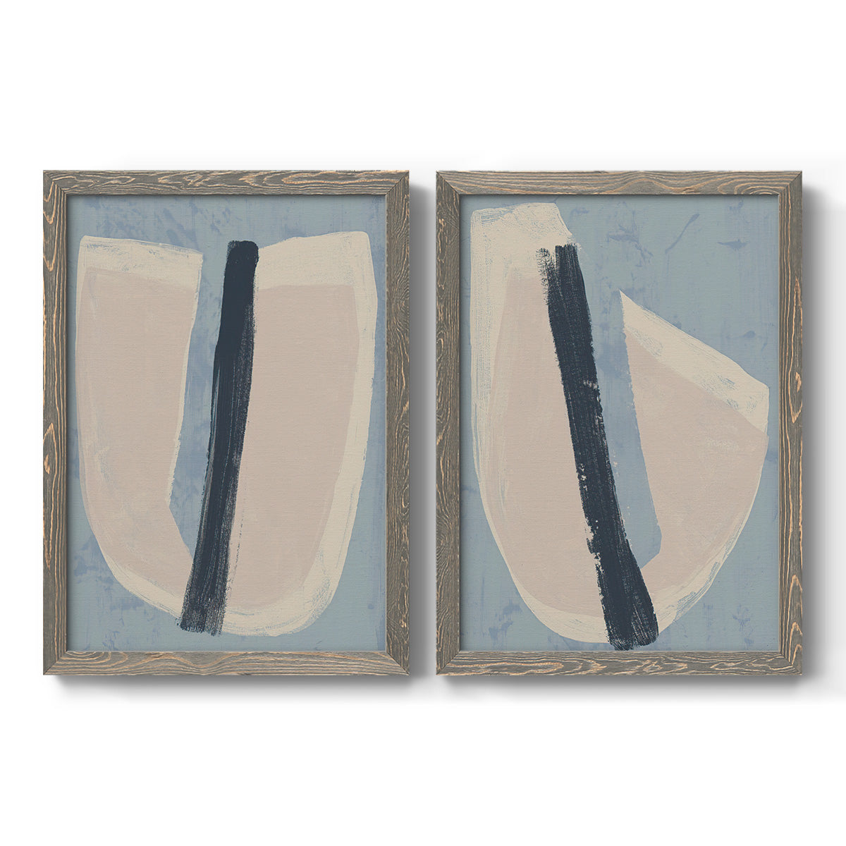 Set of two gray barnwood framed canvas prints featuring two minimalist collage-style abstracts featuring single navy brush slashes across layered paper-like shapes.