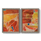Set of two gray barnwood framed canvas prints featuring two warm geometric abstracts featuring faceted rust orange and coral geometric fields.