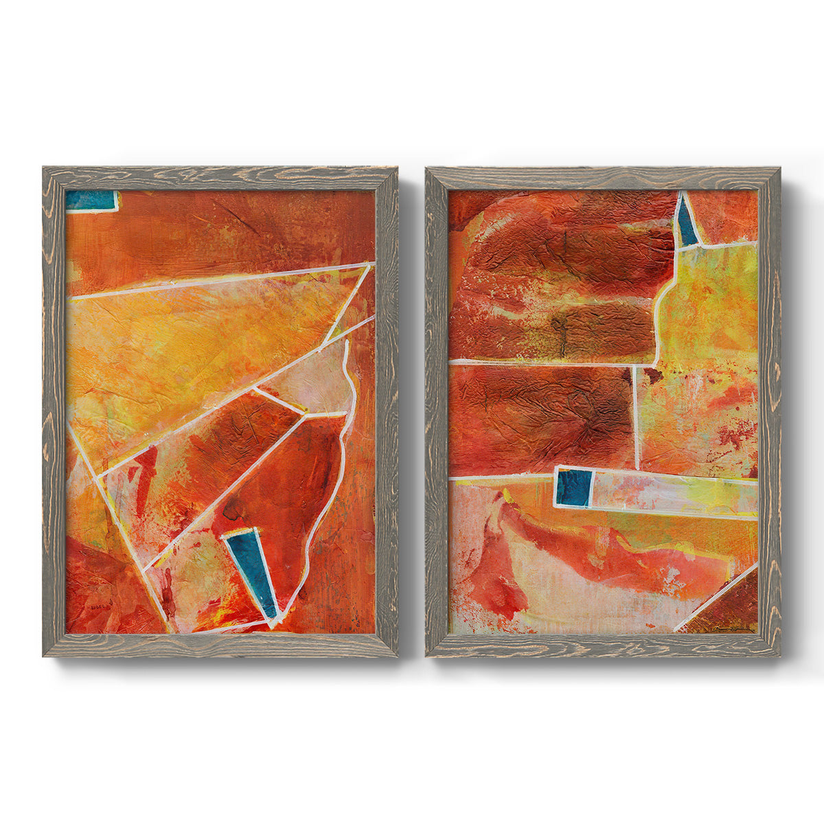 Set of two gray barnwood framed canvas prints featuring two warm geometric abstracts featuring faceted rust orange and coral geometric fields.