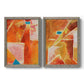 Set of two gray barnwood framed canvas prints featuring two warm geometric abstracts featuring faceted rust orange and coral geometric fields.