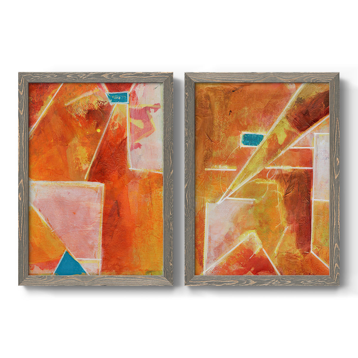 Set of two gray barnwood framed canvas prints featuring two warm geometric abstracts featuring faceted rust orange and coral geometric fields.