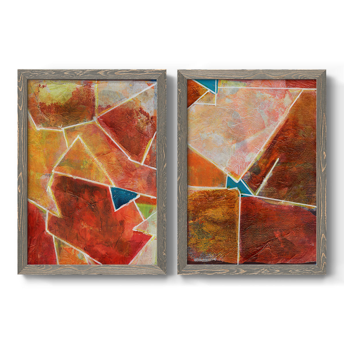 Set of two gray barnwood framed canvas prints featuring two warm geometric abstracts featuring faceted rust orange and coral geometric fields.