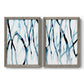 Set of two gray barnwood framed canvas prints featuring two fluid organic abstracts featuring branching watercolor lines drifting across white.