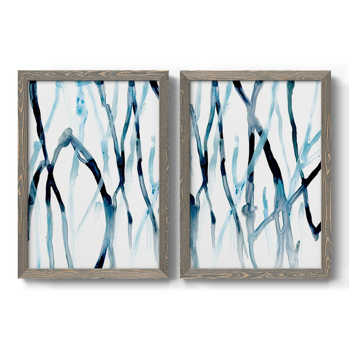 Set of two gray barnwood framed canvas prints featuring two fluid organic abstracts featuring branching watercolor lines drifting across white.