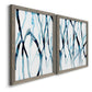 Angled view of a set of two gray barnwood framed canvas prints featuring two fluid organic abstracts featuring branching watercolor lines drifting across white.