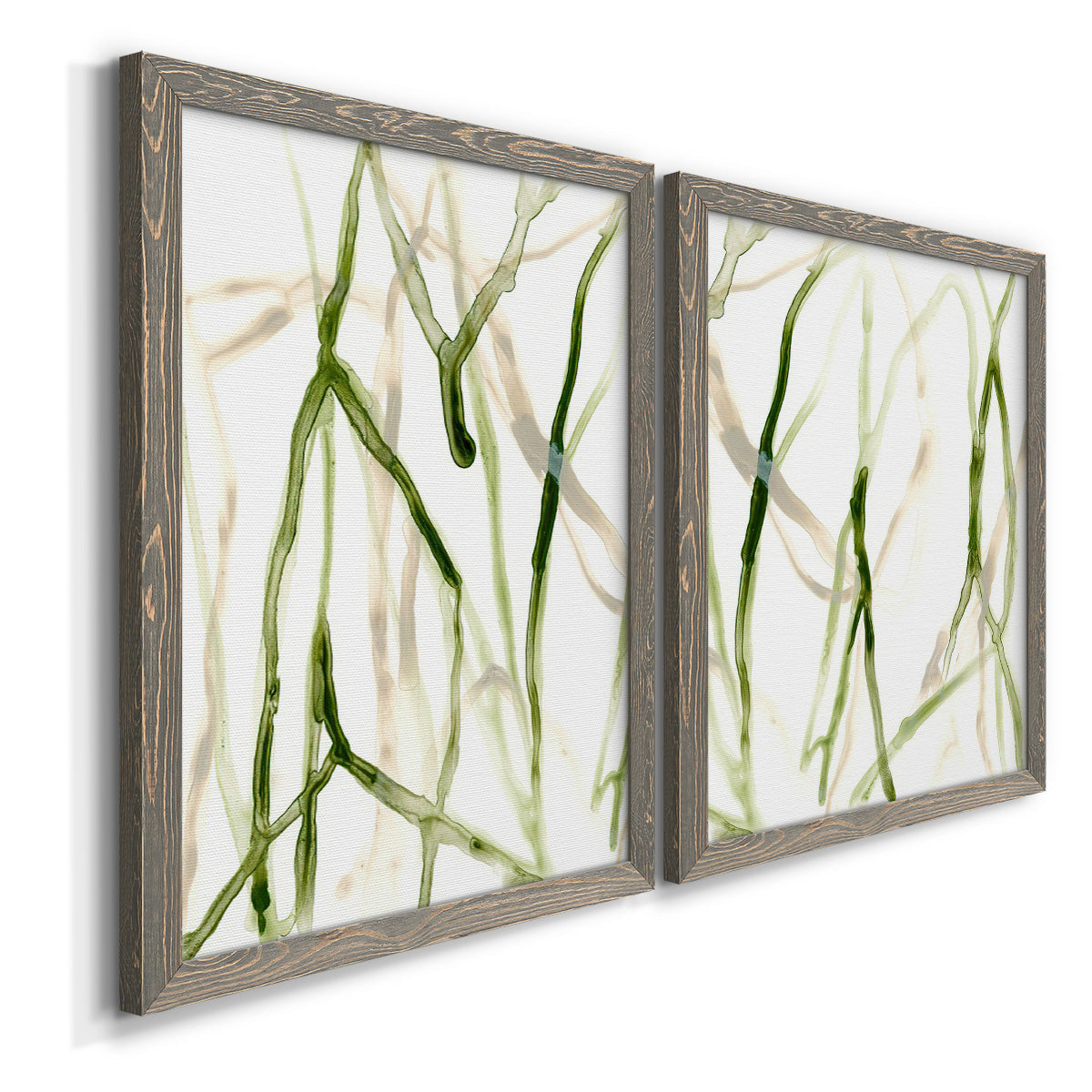 Angled view of a set of two gray barnwood framed canvas prints featuring two fluid organic abstracts featuring branching watercolor lines drifting across white.