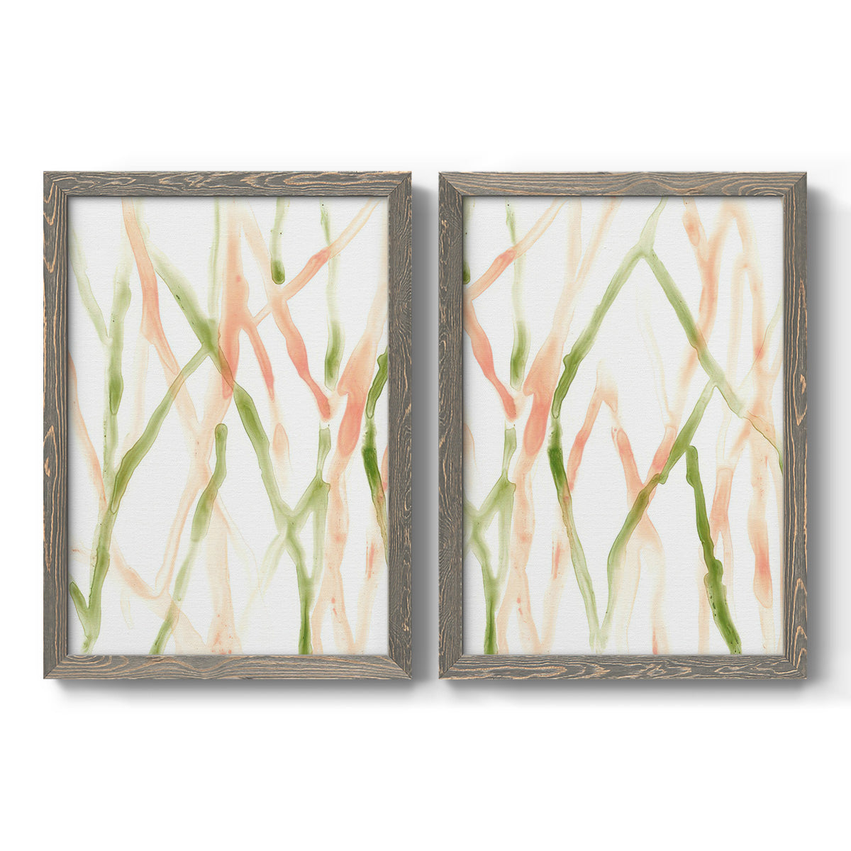 Set of two gray barnwood framed canvas prints featuring two fluid organic abstracts featuring branching watercolor lines drifting across white.