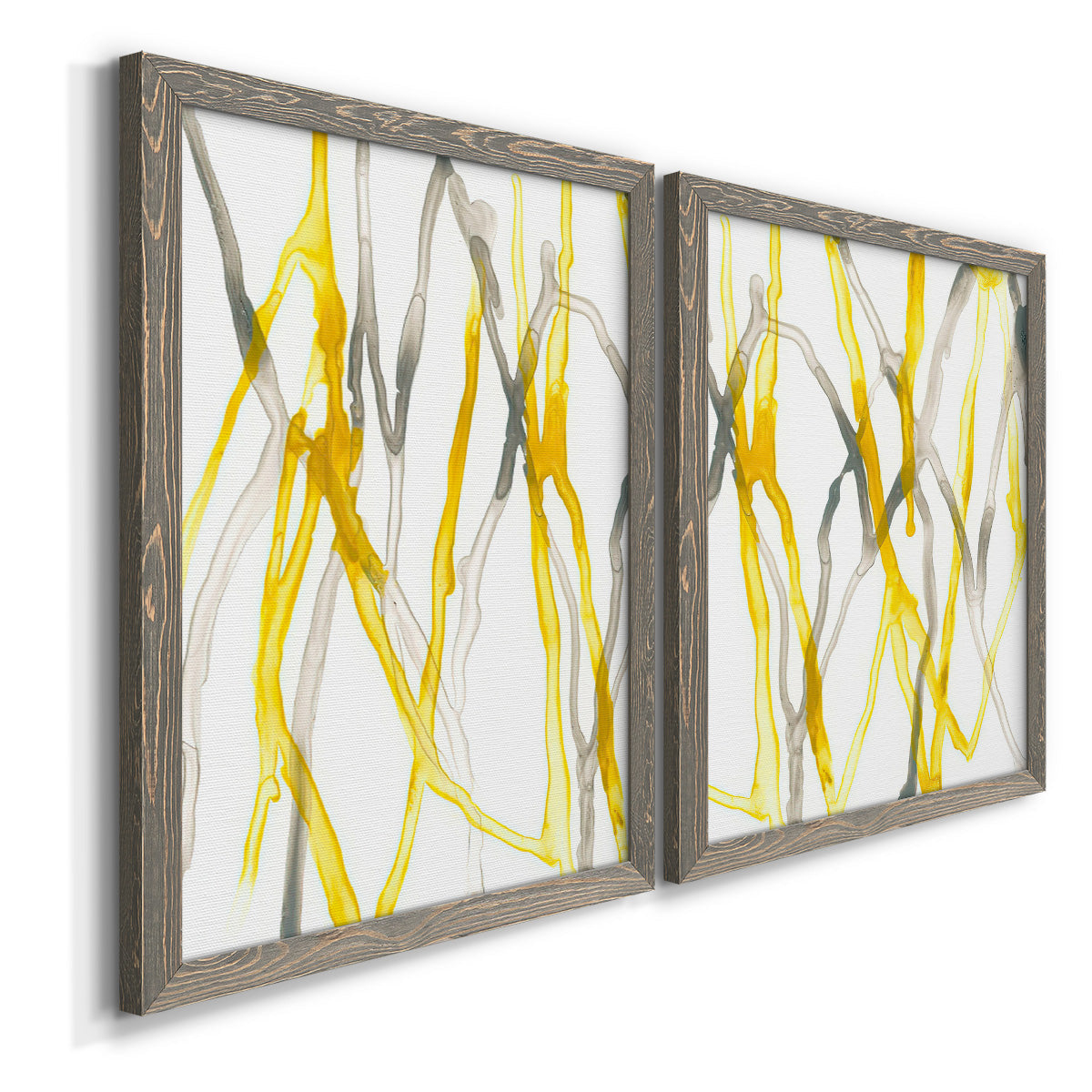 Angled view of a set of two gray barnwood framed canvas prints featuring two fluid organic abstracts featuring branching watercolor lines drifting across white.