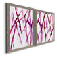 Angled view of a set of two gray barnwood framed canvas prints featuring two fluid organic abstracts featuring branching watercolor lines drifting across white.