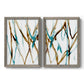 Set of two gray barnwood framed canvas prints featuring two fluid abstracts with branching turquoise and brown lines drifting across white backgrounds.